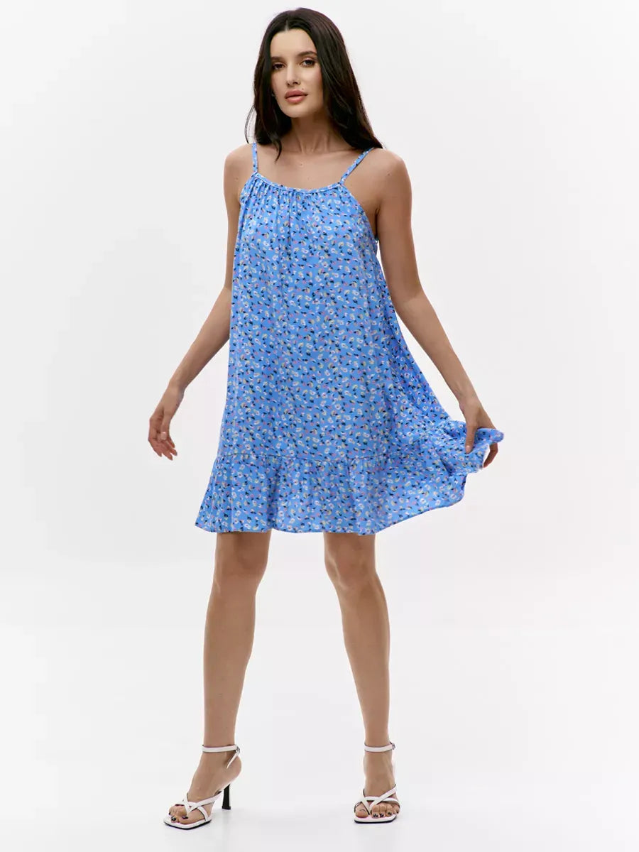 Azure Mini Dress by Lauven featuring a vibrant blue floral print, perfect for summer outings and casual parties.