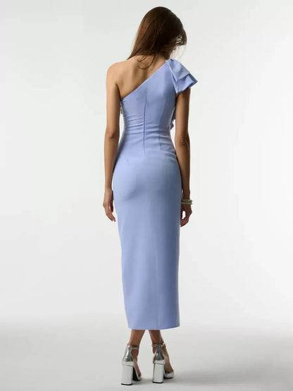Bella Midi Dress by Lauven, showcasing a stunning one-shoulder design in powder blue, perfect for elegant events.