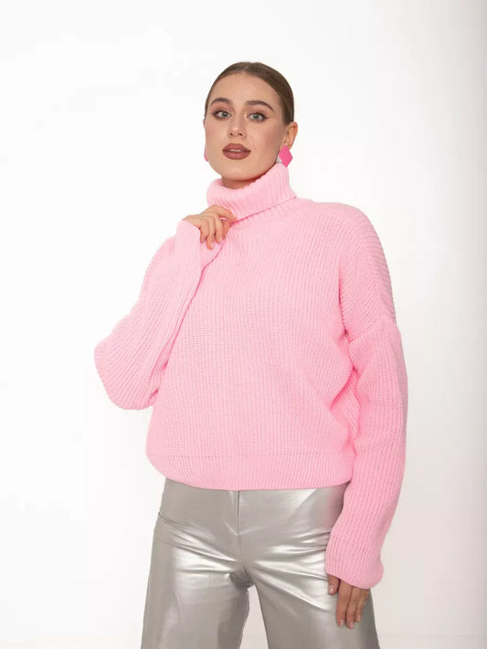 Blossom Pullover by Lauven - Oversized light pink knit sweater with high neck for cozy comfort and modern style.
