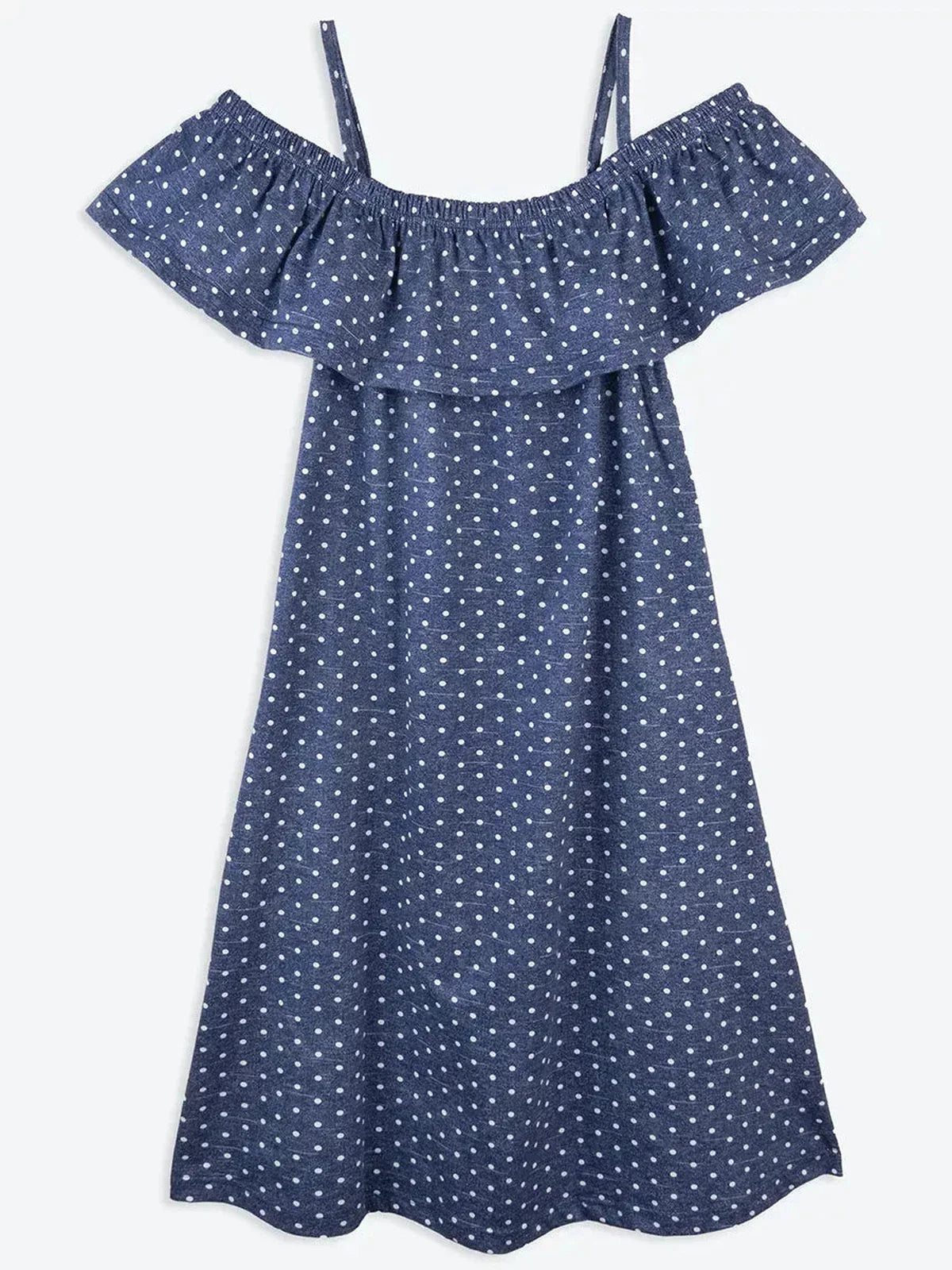 Scarlett Mini Dress by Lauven – blue polka dot cotton trapeze with off-shoulder ruffle design for summer elegance.