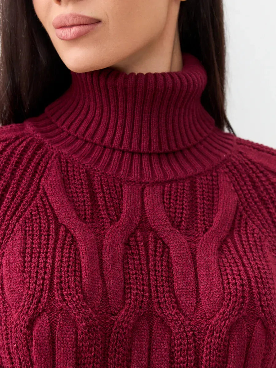 Bordeaux Knitwear - Lauven Women's Wool-Blend Turtleneck Sweater in rich burgundy color with cable-knit pattern.