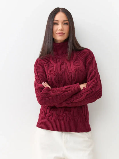 Bordeaux Knitwear by Lauven - Women's wool-blend turtleneck sweater in rich bordeaux color with cable-knit pattern.