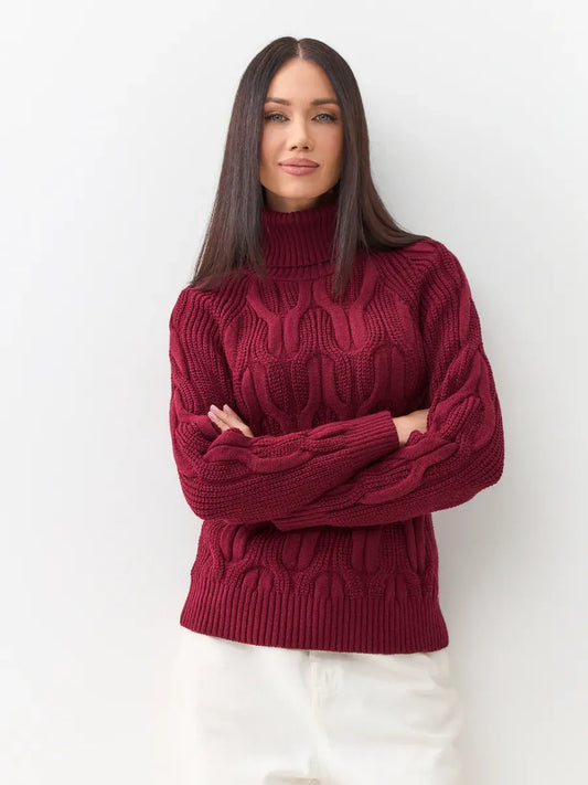 Bordeaux Knitwear by Lauven - Women's wool-blend turtleneck sweater in rich bordeaux color with cable-knit pattern.