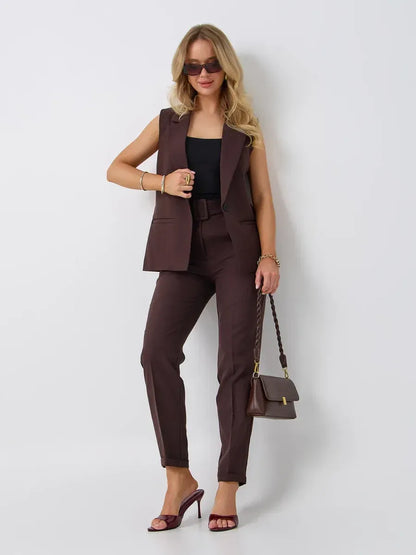 Cacao Suit Set by Lauven - Stylish sleeveless chocolate vest and high-waist pants ensemble for modern women.