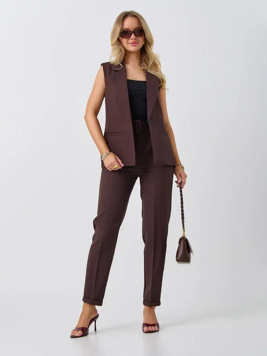 Cacao Suit Set by Lauven featuring sleeveless chocolate vest and high-waist pants for a stylish look.