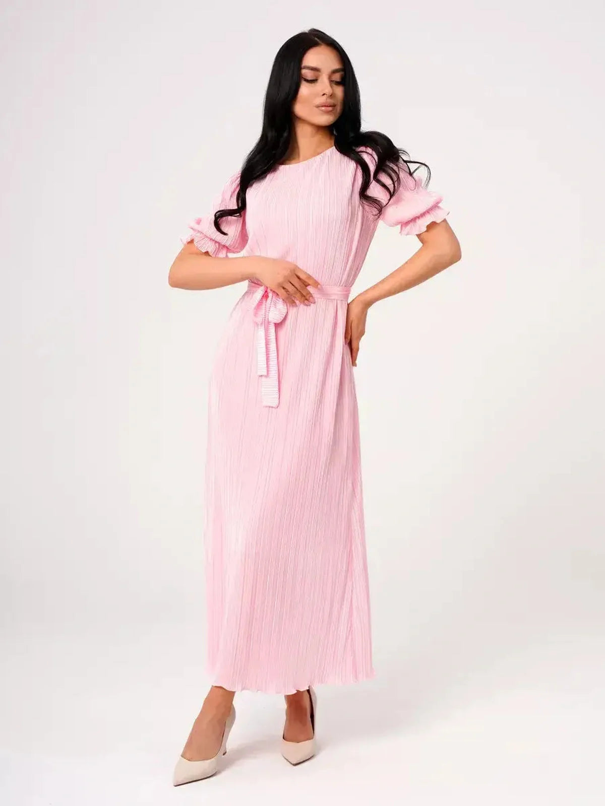 Candy Maxi Dress featuring pleated design, puff sleeves, and a stylish tie waist in soft pink fabric.
