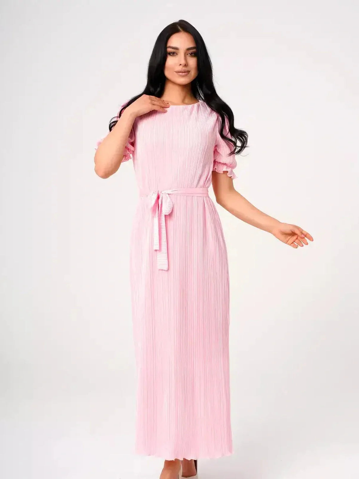 Candy Maxi Dress – Elegant pink pleated dress with puff sleeves and tie waist for a flattering fit.