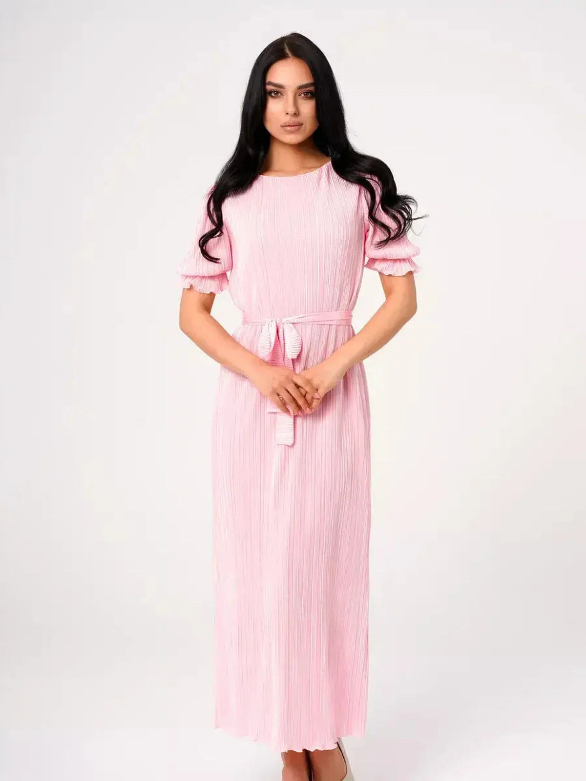 Candy Maxi Dress - Pink pleated dress with puff sleeves and tie waist, exuding elegance and femininity.