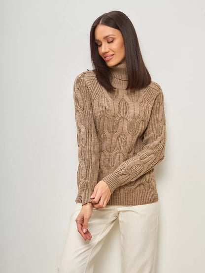 Cappuccino Knitwear by Lauven - Oversized wool-blend turtleneck sweater in beige with cable knit design.