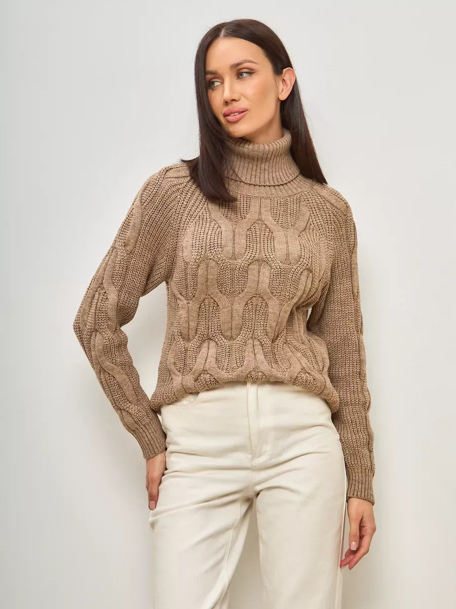 Cappuccino Knitwear by Lauven, oversized wool-blend turtleneck sweater in beige, perfect for cozy winter styling.