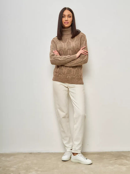 Cappuccino Knitwear by Lauven, oversized wool-blend turtleneck sweater in cozy beige.