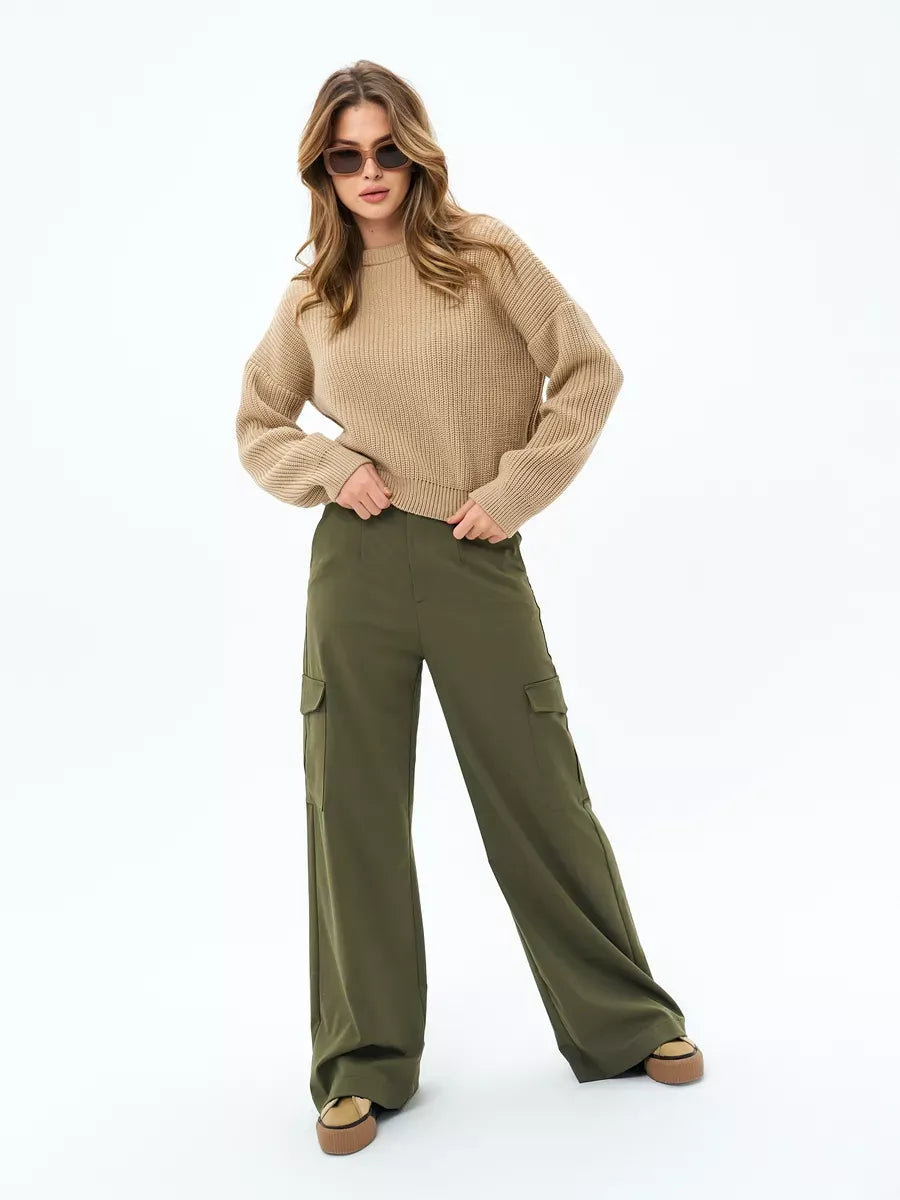 Cappuccino Sweater by Lauven, oversized knit in warm beige, paired with olive green wide-leg pants, perfect for a chic outfit.
