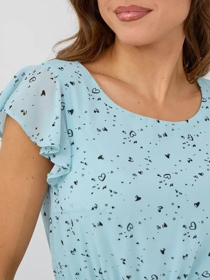 Celeste Mini Dress by Lauven, featuring light blue fabric with ruffle sleeves and charming heart prints.
