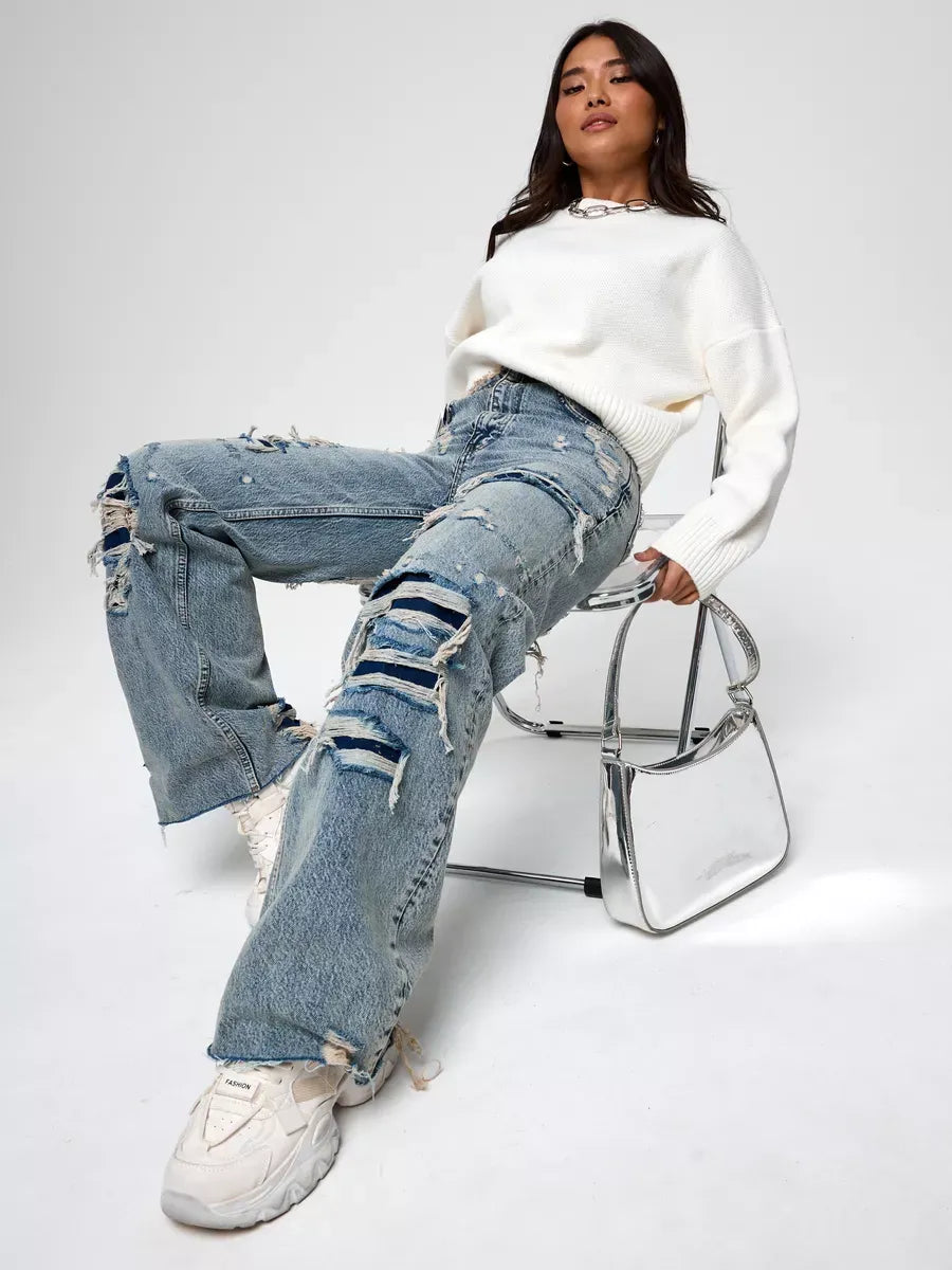 Celeste Pullover oversized cropped women's sweater by Lauven, styled with distressed jeans.