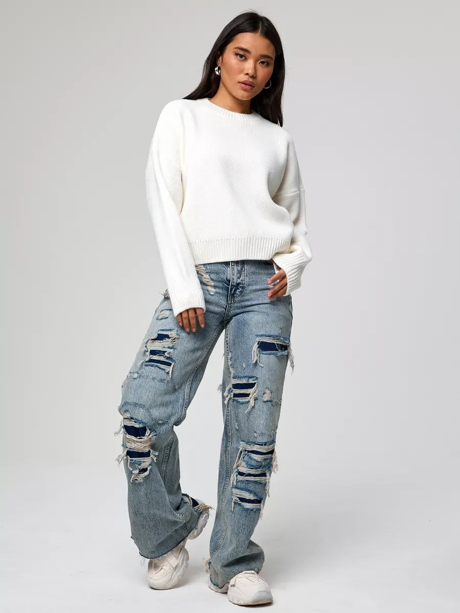 Celeste Pullover by Lauven - Oversized Cropped Women’s Sweater in soft ivory paired with distressed jeans