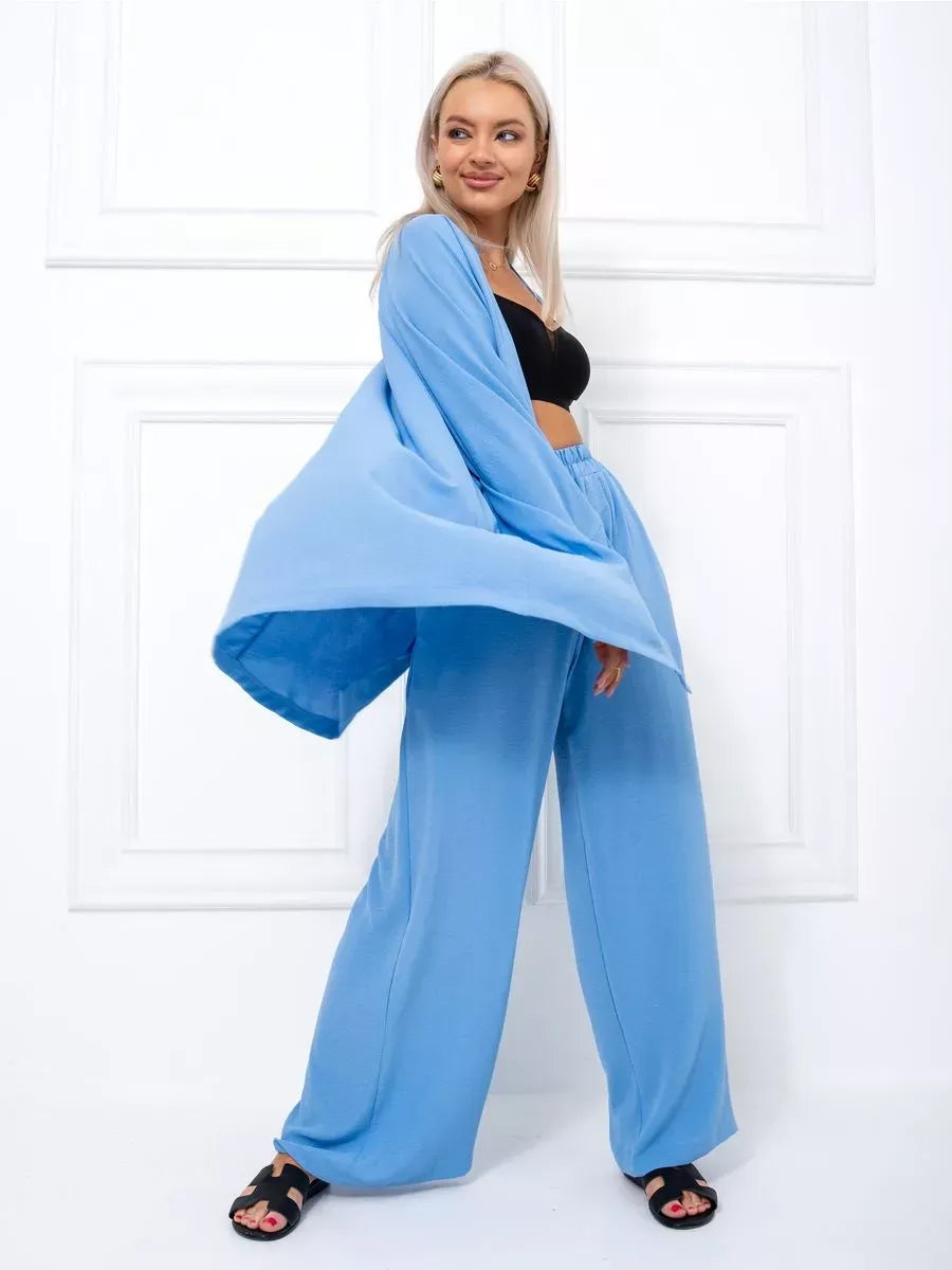 Celeste Suit Set by Lauven, elegant oversized blue two piece with kimono-style robe and palazzo pants.