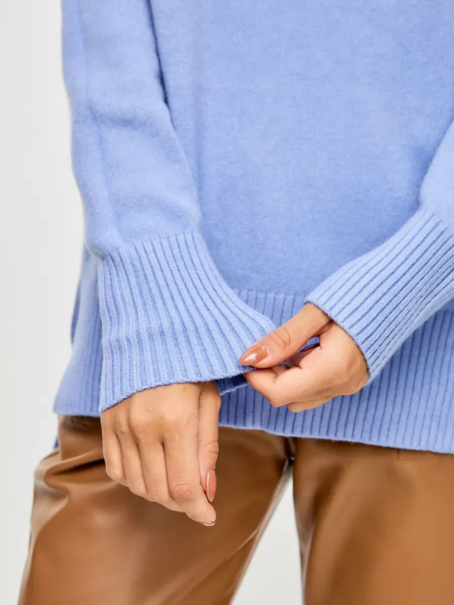 Celeste Sweater by Lauven featuring soft blue oversized cashmere blend with ribbed sleeves.
