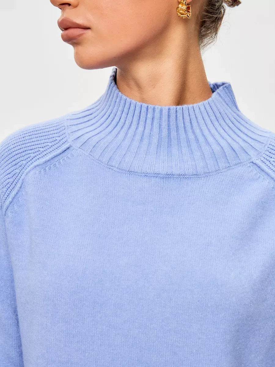 Celeste Sweater by Lauven, oversized cashmere blend in soft blue with high ribbed neckline for a stylish look.