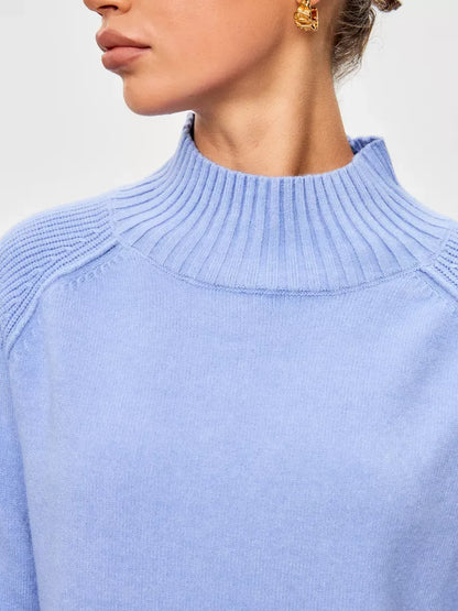Celeste Sweater by Lauven, oversized cashmere blend in soft blue with high ribbed neckline for a stylish look.