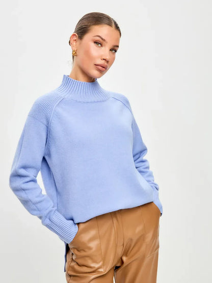 Celeste Sweater by Lauven, oversized cashmere blend in soft blue, elegant ribbed neckline, perfect for fall and winter.