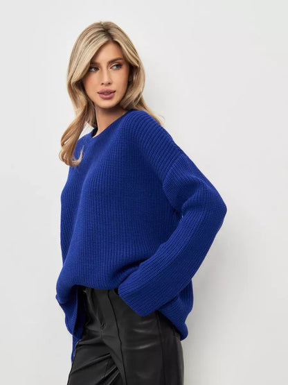 Celeste Sweater by Lauven - Oversized electric blue knit pullover with crew neck for women.