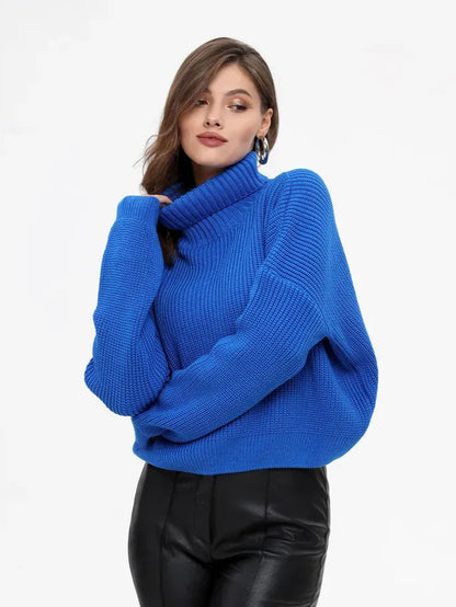 Celeste Sweater by Lauven in vibrant blue, oversized knit with turtleneck, perfect for chic fall and winter layering.