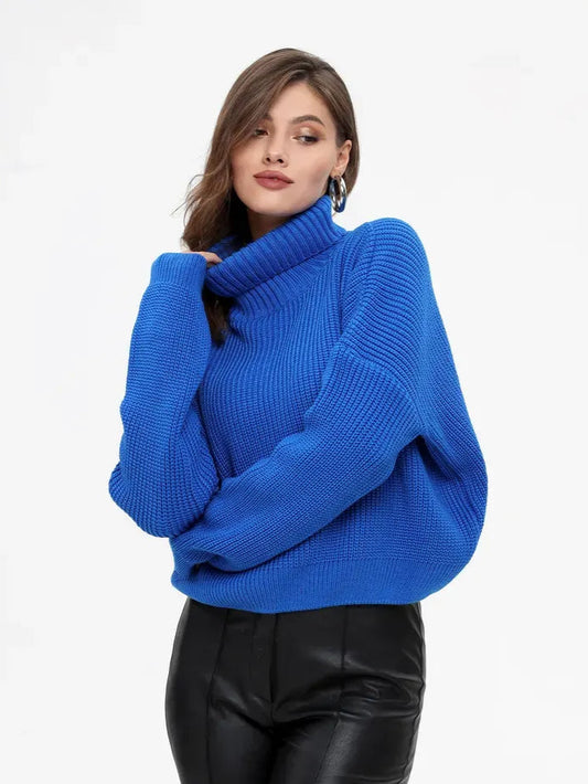 Celeste Sweater by Lauven in vibrant blue, oversized knit with turtleneck, perfect for chic fall and winter layering.