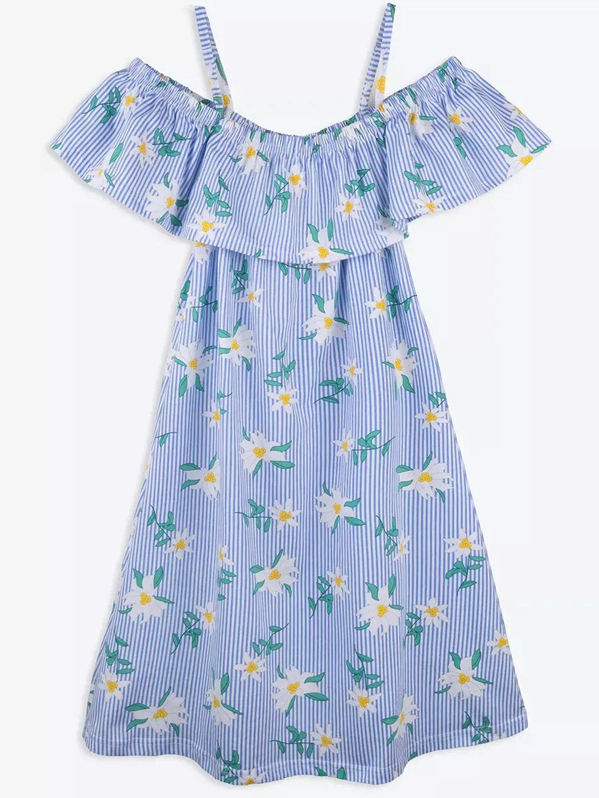 Clematis Mini Dress by Lauven featuring off-shoulder ruffles and a blue-and-white floral pinstripe design.