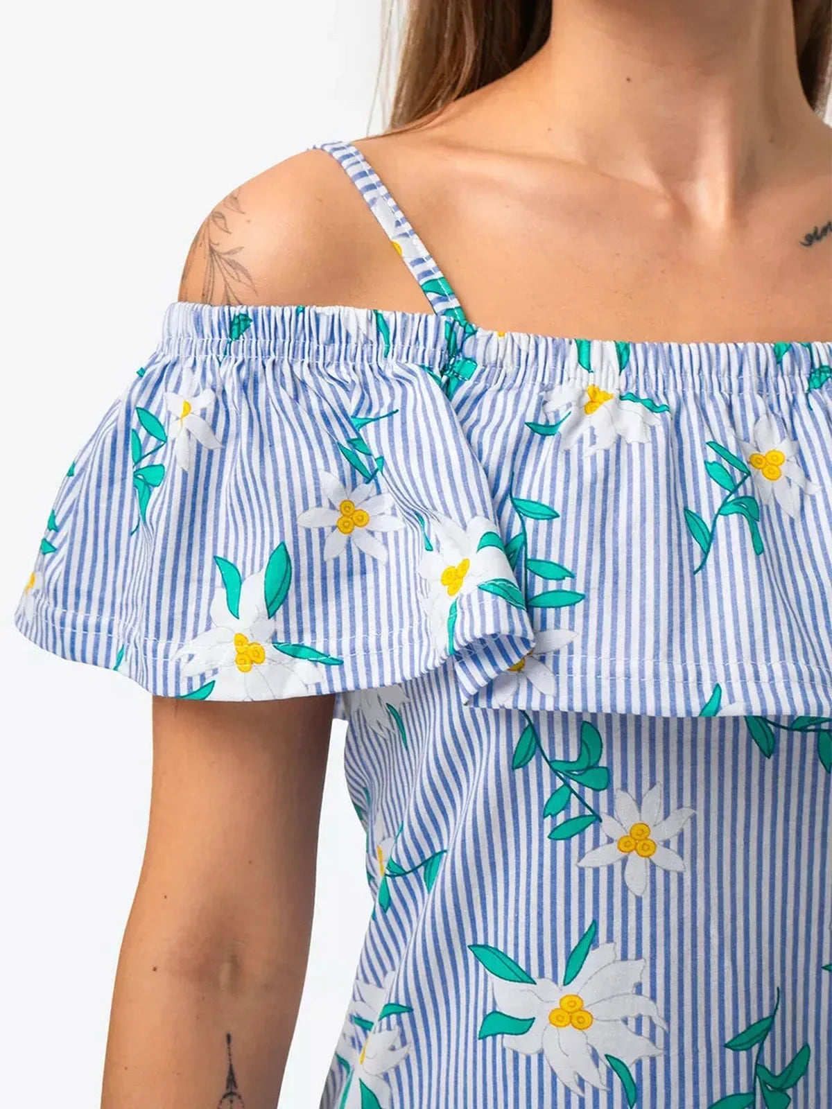 Clematis Mini Dress by Lauven featuring blue-and-white pinstripe and floral print with off-shoulder ruffle details.