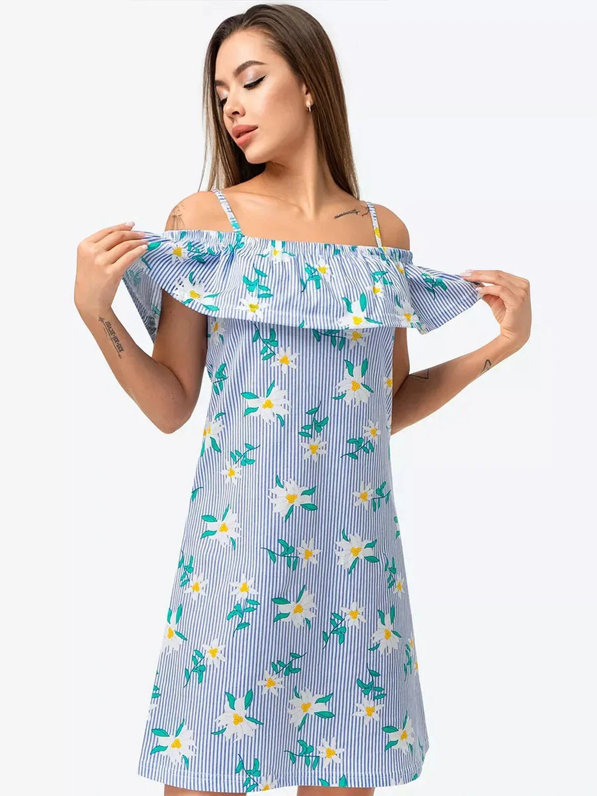 Clematis Mini Dress by Lauven - Off-shoulder ruffle and floral pinstripe design for summer elegance.