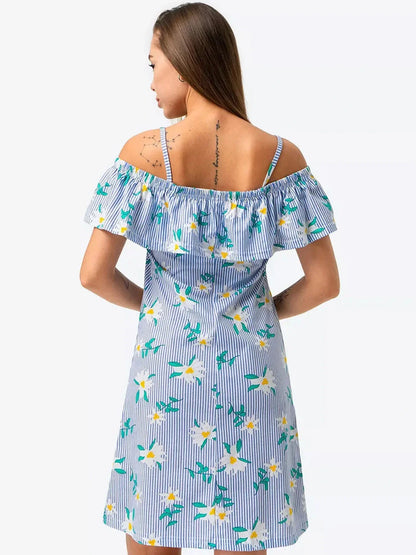 Clematis Mini Dress by Lauven featuring off-shoulder ruffle and floral pinstripe design, perfect for summer.