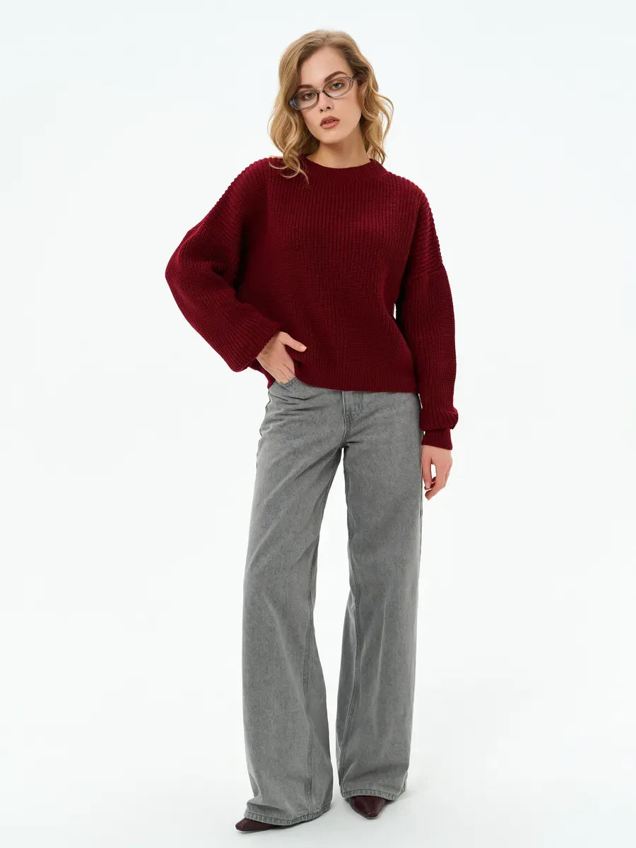 Crimson Charm Sweater by Lauven, an oversized knit in deep burgundy, perfect for cozy fall outfits.