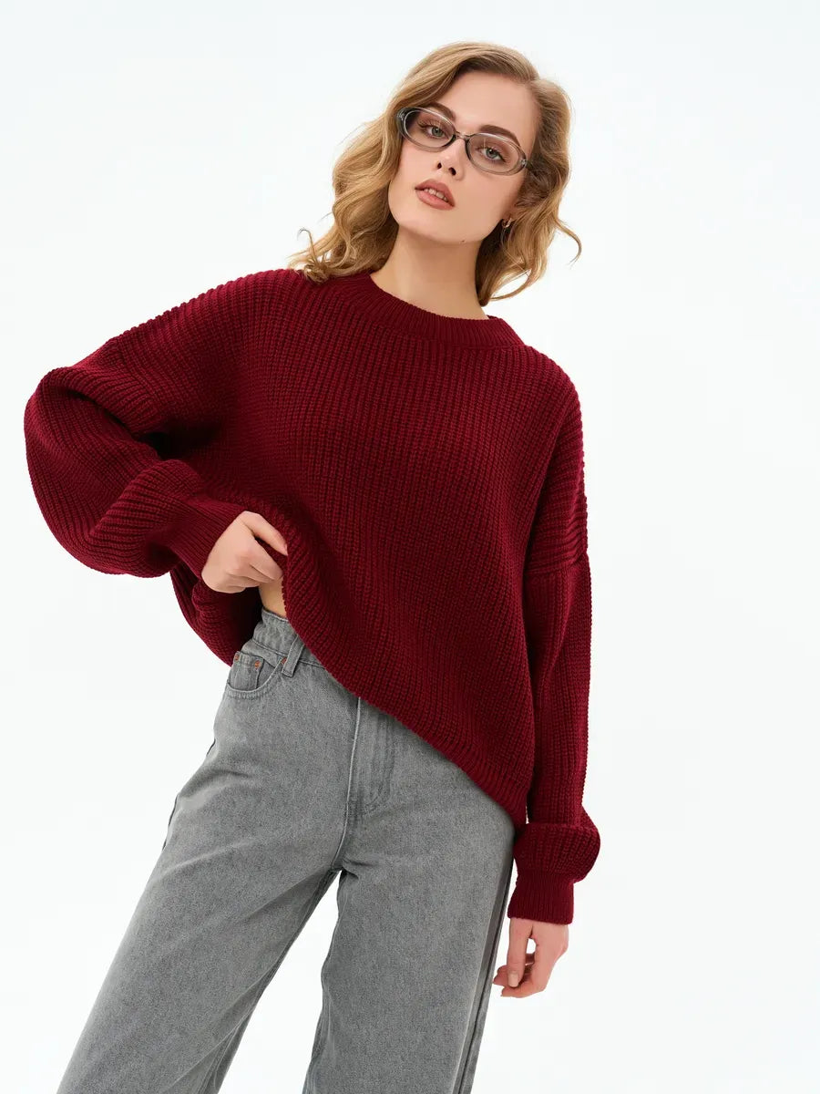 Crimson Charm Sweater by Lauven, an oversized burgundy knit sweater showcasing comfort and elegance.
