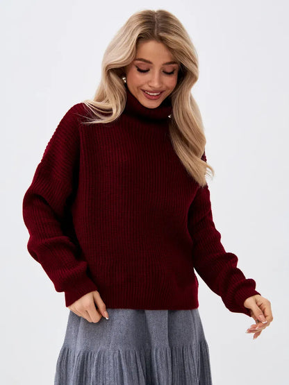 Lauven Crimson Pullover, oversized burgundy knit sweater with high neck, perfect for cozy luxury.