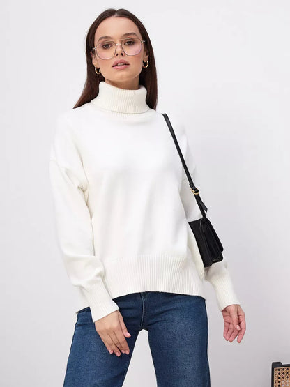 Elara Sweater by Lauven, a milk white turtleneck knitwear staple for women, offering timeless style and comfort.