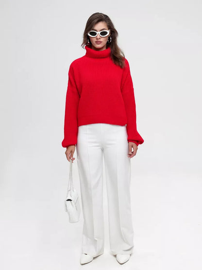 Ember Pullover by Lauven, oversized knit sweater in red with high neck, stylish and cozy outfit for modern women.