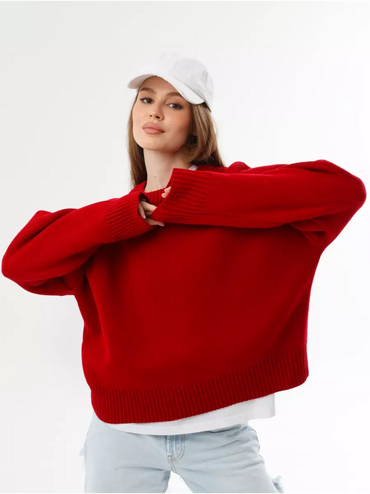 Ember Pullover by Lauven, an oversized cropped women's sweater in striking red color.