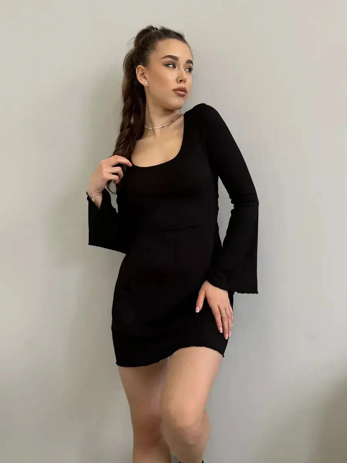 Emily Mini Dress by Lauven - Black ribbed knit long sleeve with square neckline and flared cuffs.