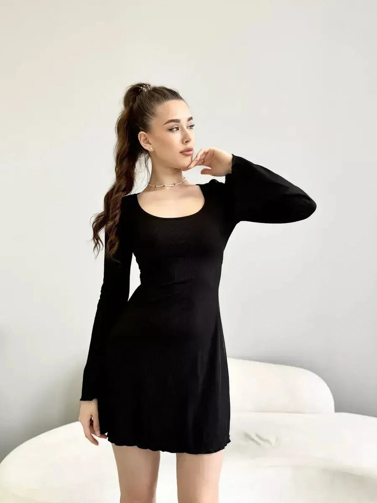Emily Mini Dress by Lauven – Black Ribbed Knit Long Sleeve Dress with Square Neckline and Flared Cuffs