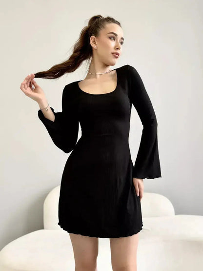 Emily Mini Dress by Lauven in black ribbed knit with square neckline and flared cuffs.