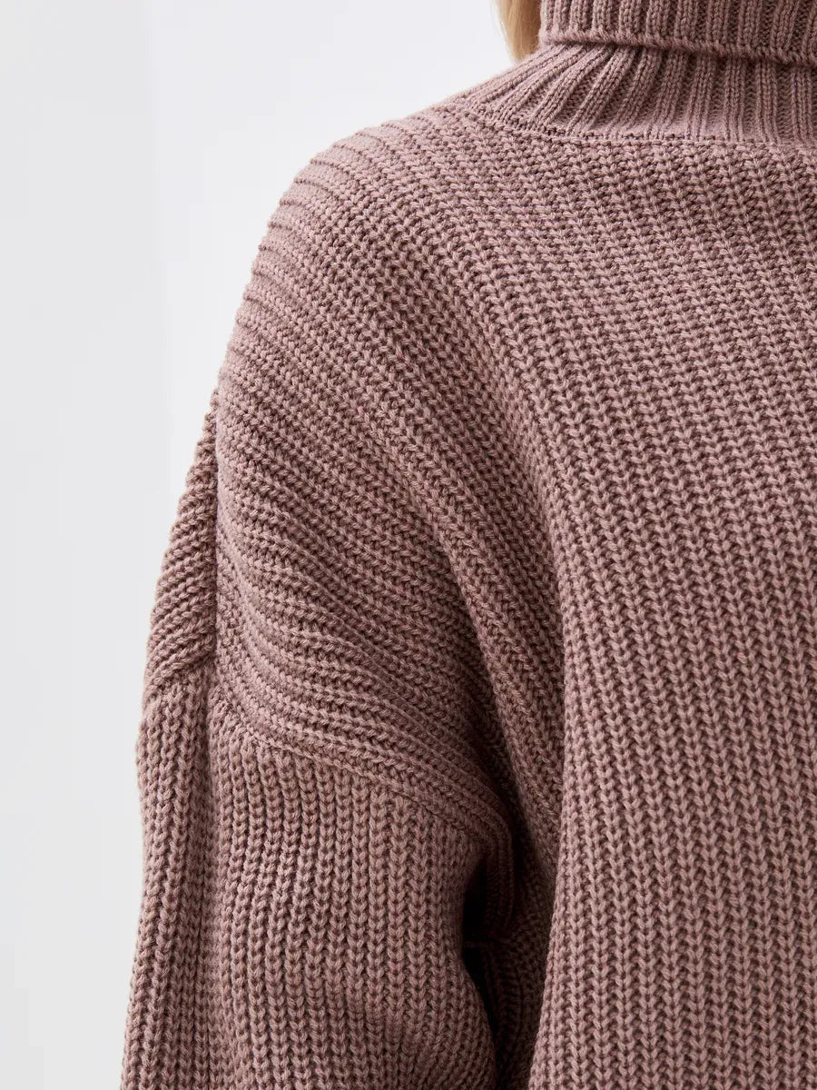Florence Sweater by Lauven, showcasing a cozy oversized knit with turtleneck in warm coffee tone.