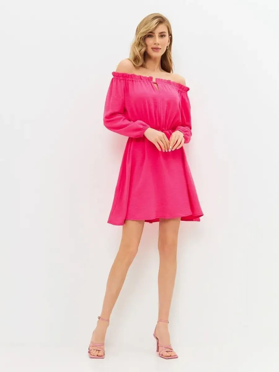 Fuchsia Mini Dress by Lauven - vibrant off-shoulder pink mini dress perfect for elegant celebrations.