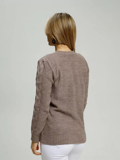Gaia Sweater by Lauven – Cozy brown knitwear showcasing a woman's back view, perfect for stylish warmth.