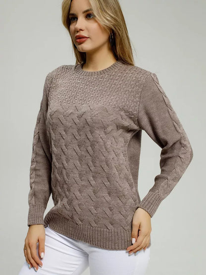 Gaia Sweater by Lauven – Warm brown knitwear showcasing breathable comfort and stylish design.
