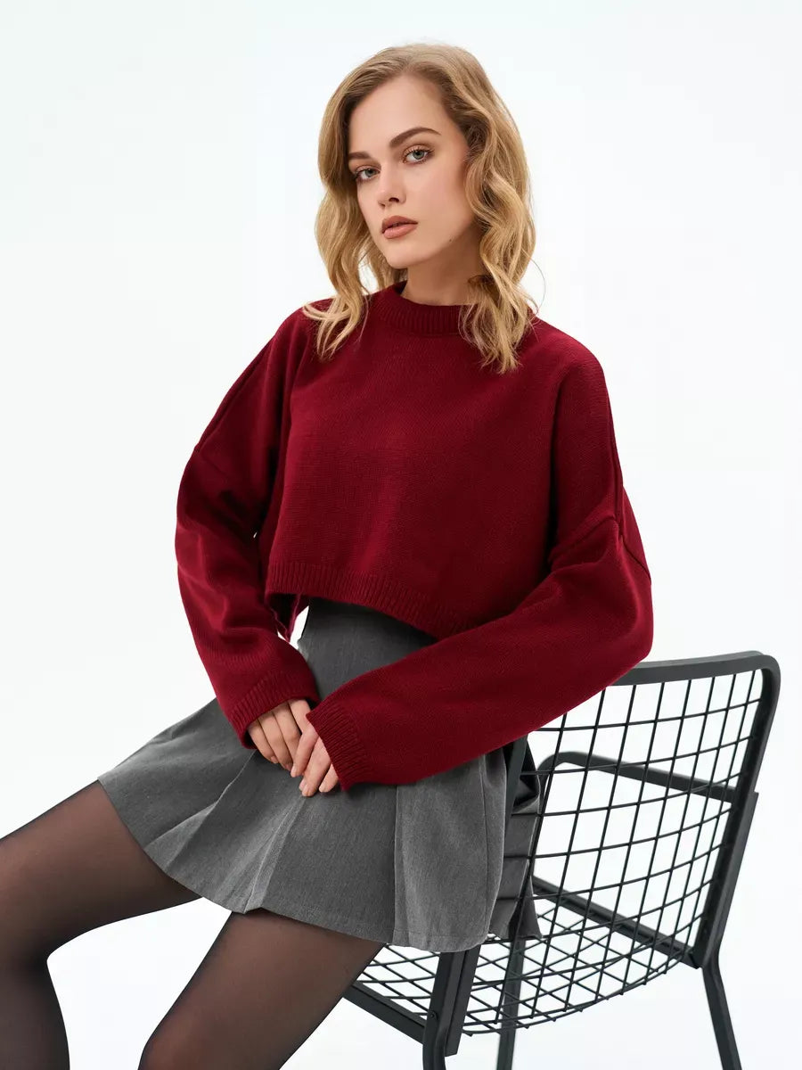Garnet Sweater by Lauven, cropped oversized knit in deep burgundy, perfect for casual and chic styling.