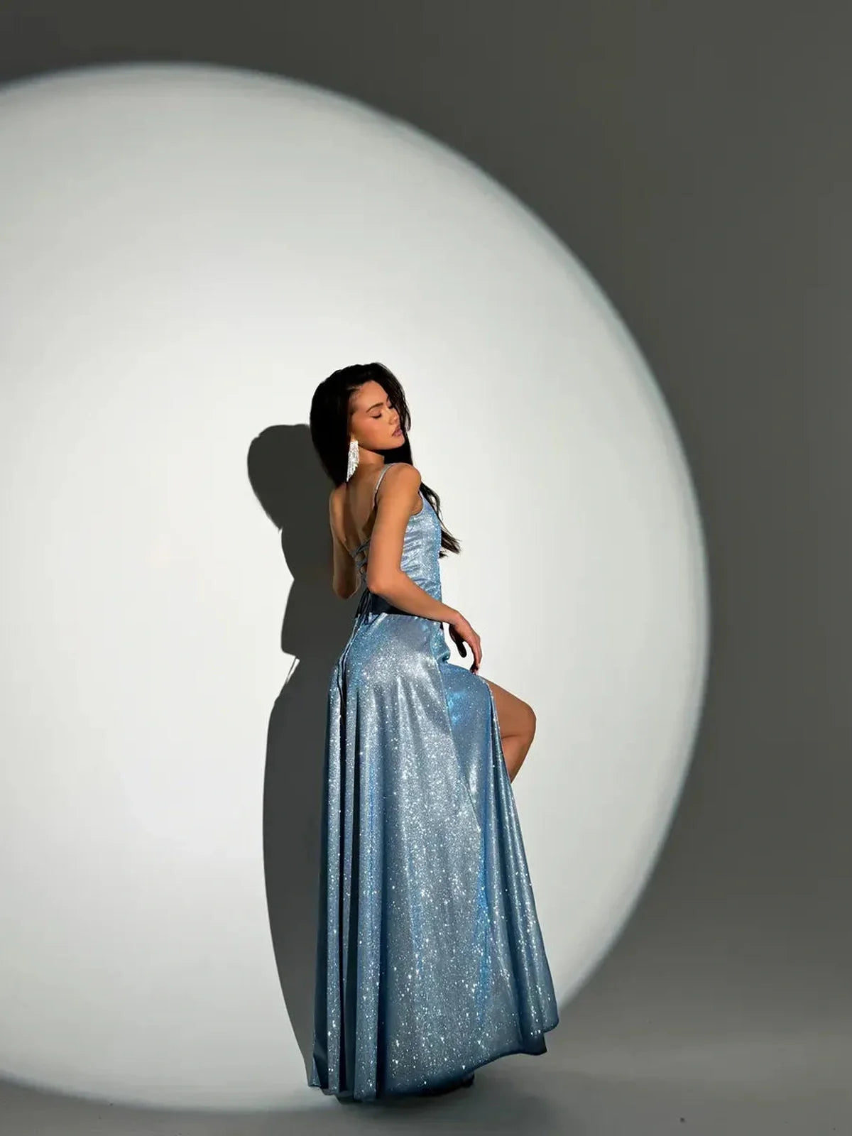 Glow Maxi Dress by Lauven - Light blue glitter evening gown featuring an adjustable fit and figure-flattering silhouette.