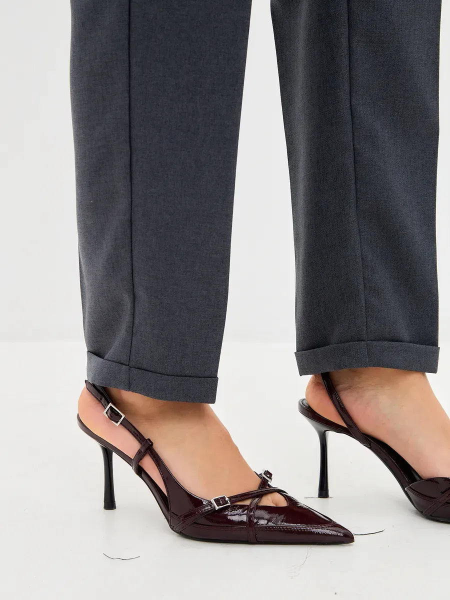 Graphite Suit Set featuring high-waist pants paired with stylish burgundy slingback heels by Lauven.