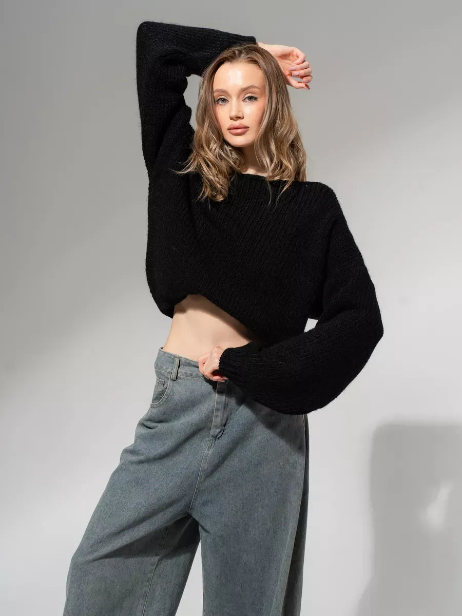 Noir Sweater by Lauven — Oversized off-shoulder black knit, perfect for layering and modern minimalism.