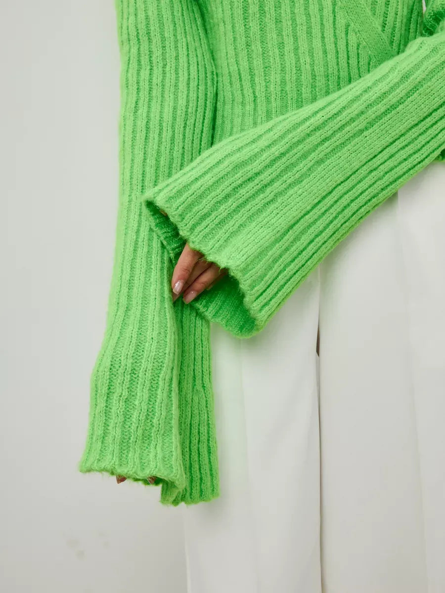 Vega Sweater by Lauven, cropped pistachio knit with wide sleeves and ribbed texture, perfect for bold women's fashion.