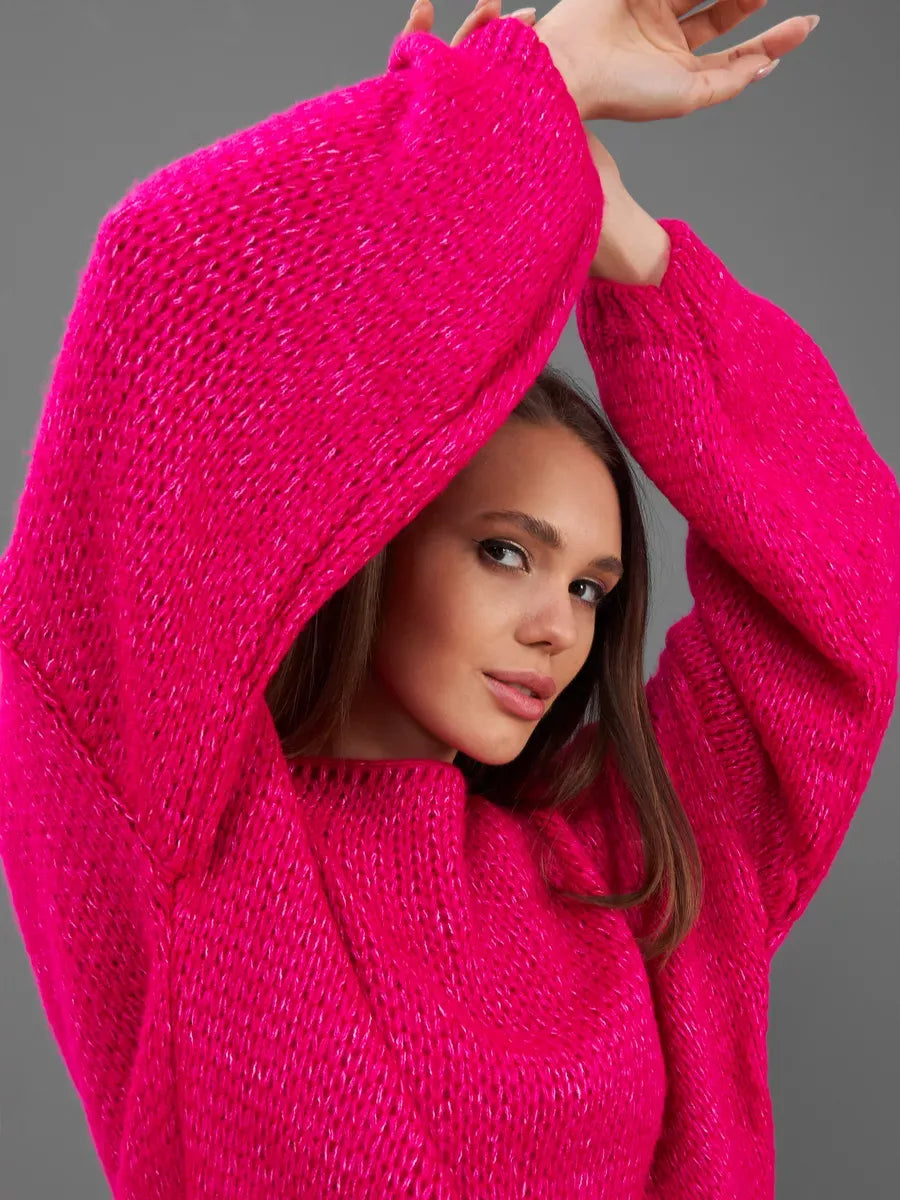 Isolde Sweater by Lauven in oversized fuchsia knit with voluminous sleeves and boat neck for modern style.